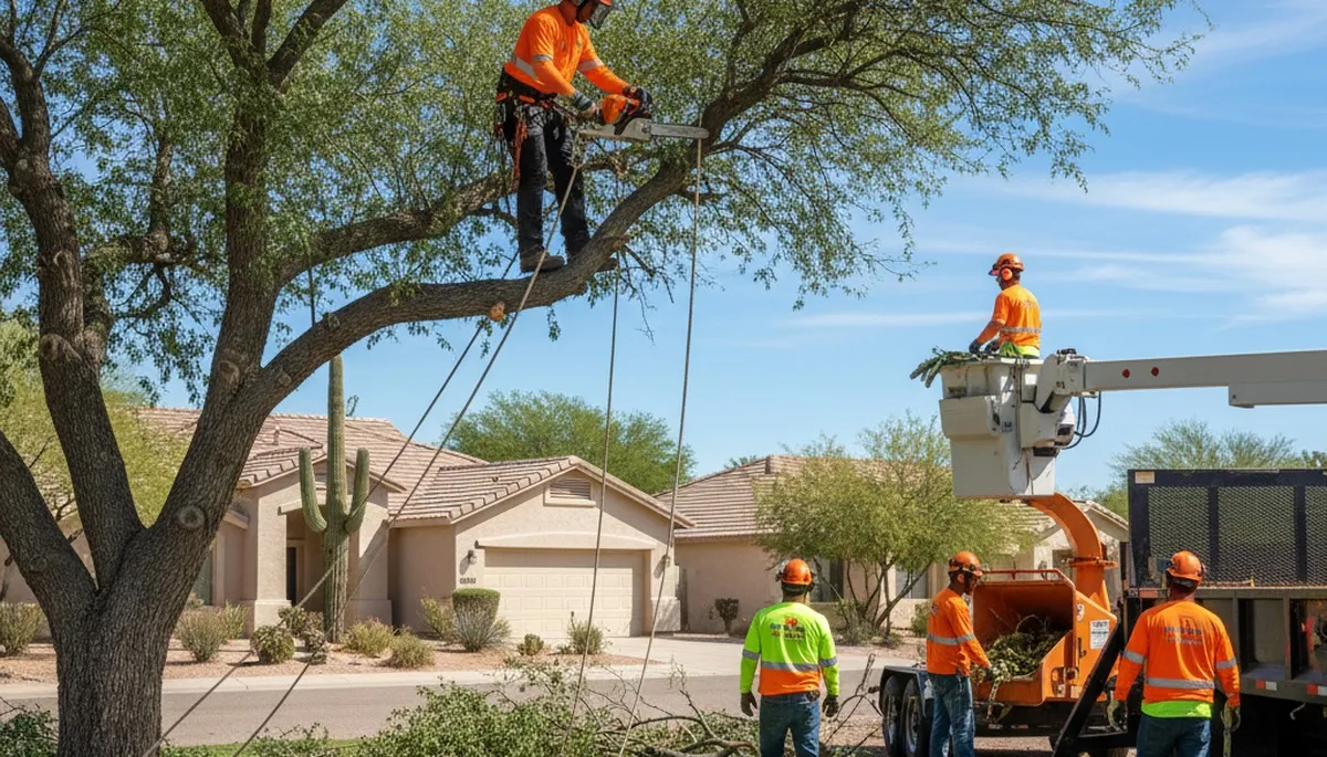Tree service crew in Phoenix, AZ handling professional tree removal for residential properties