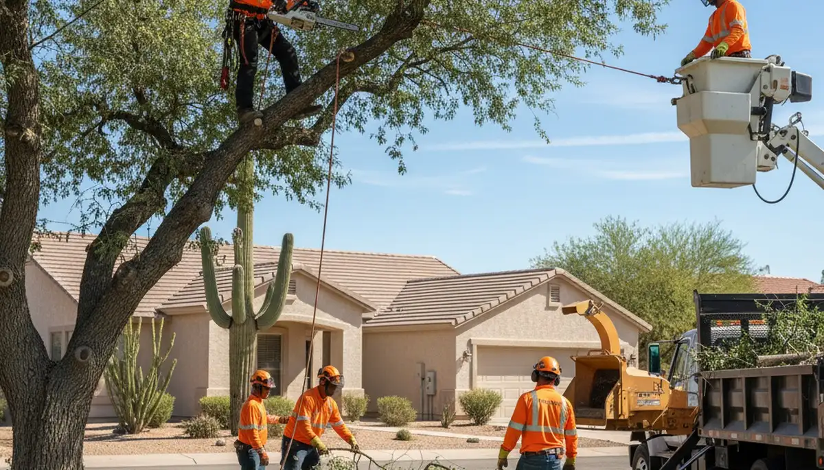 Tree service crew in Phoenix, AZ providing professional tree removal for a local property