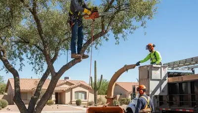 Tree service crew in Phoenix, AZ removing a tree for safe residential property clearance