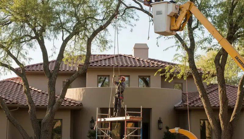 Tree service truck and crew in Phoenix, AZ providing professional tree removal
