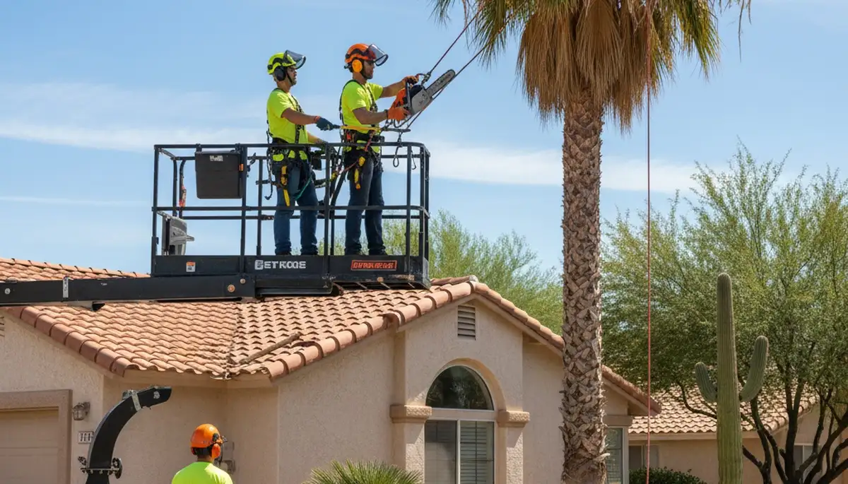 Phoenix, AZ tree service crew providing professional tree removal and trimming for local homes