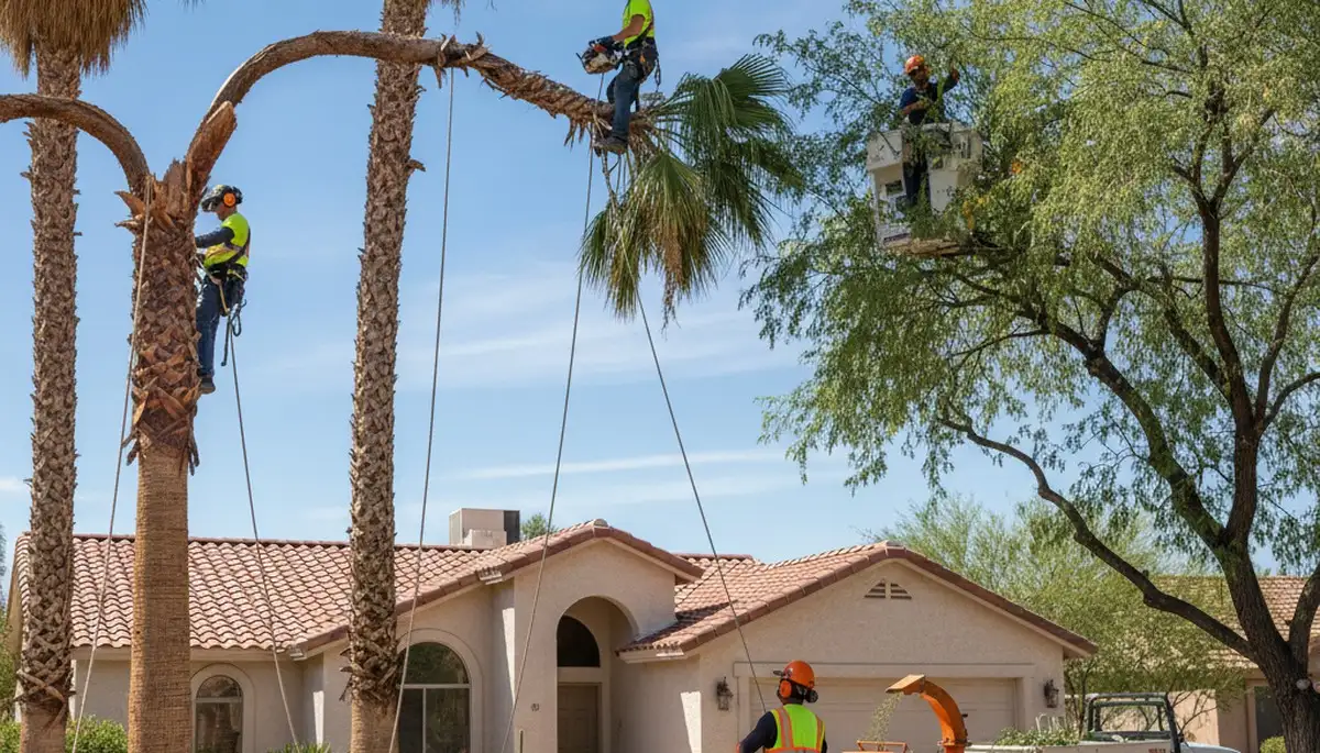 Tree service crew in Phoenix, AZ performing professional tree removal and trimming work