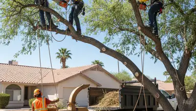Tree service crew in Phoenix, AZ removing a tree for safe residential property maintenance