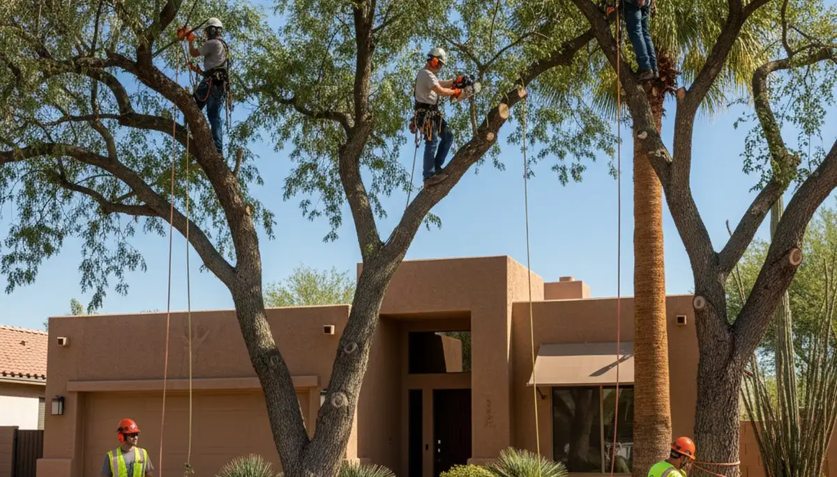 Tree service crew in Phoenix, AZ performing professional tree removal and trimming work